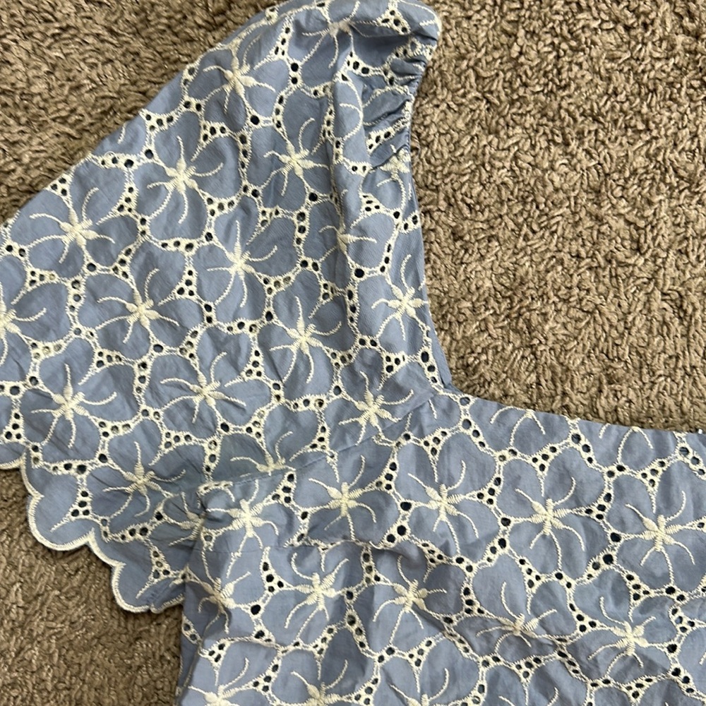 ZARA LIGHT BLUE FLORAL CUTWORK EMBROIDERY PRINT COTTON MINI DRESS - Picture 4 of 11